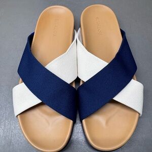Rothy's Navy and Cream Cross Strap Sandals